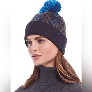 Outdoor Research Women's Griddle Beanie Wool Blue Geomteric Pattern with Pom Pom